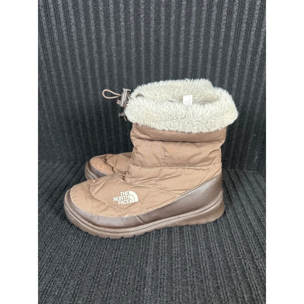 The North Face Womens Brown Houndstooth Nuptse Puffer Boots Size 6 Faux Fur Trim